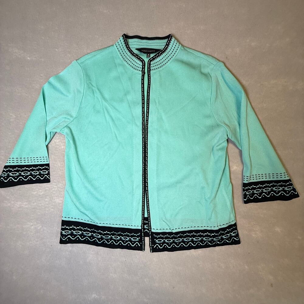 Vtg Y2K Ming Wang knit open cardigan - turquoise black 3/4 sleeve sweater size M